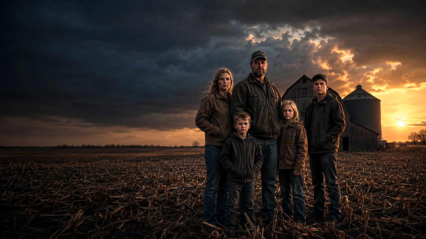 A farm family of five standing in a harvested field at dusk, with a barn and grain silo behind them