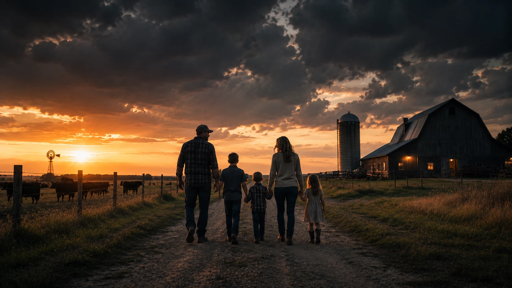 A farm family of five walking a dirt road toward their barn at sunset, holding hands